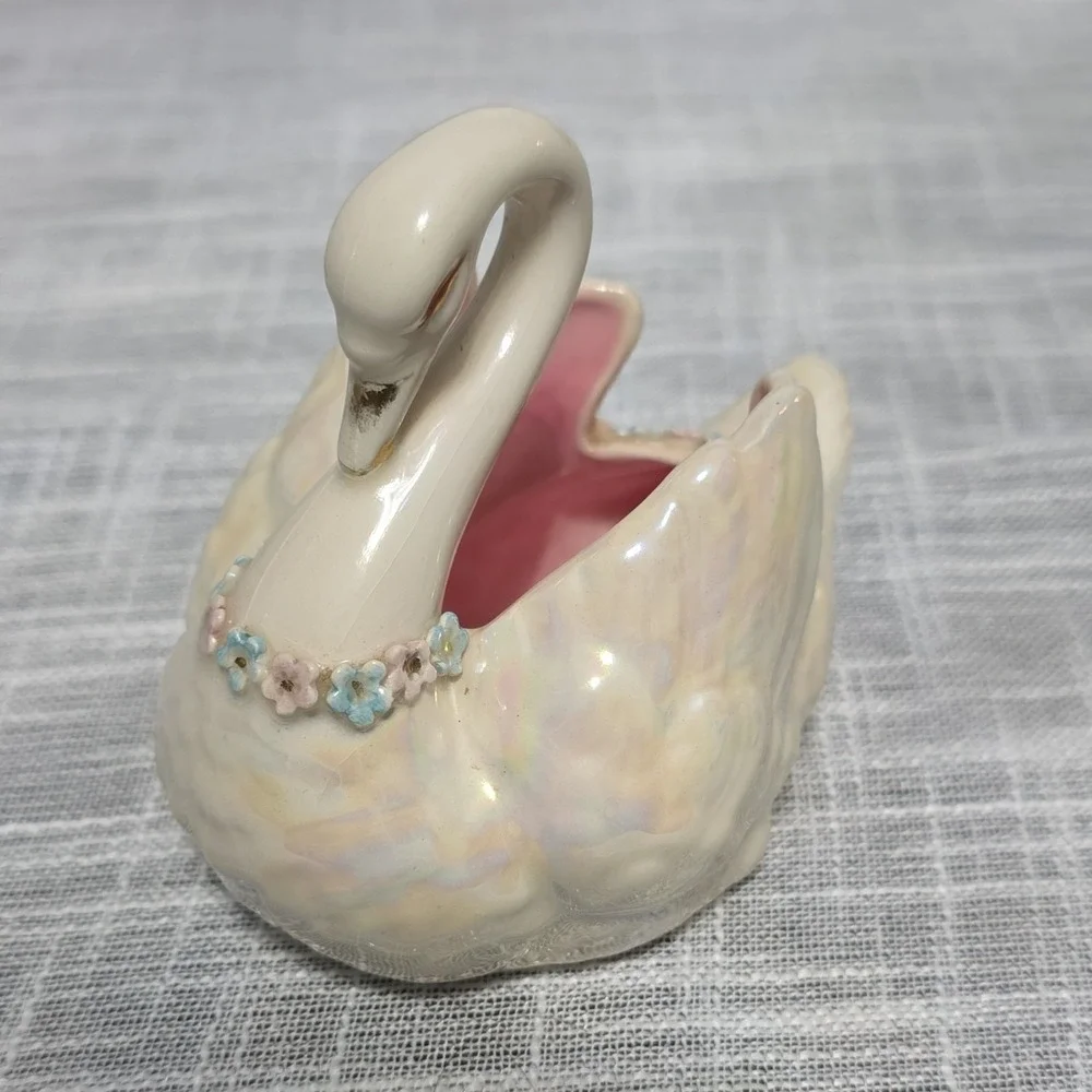 Hand Painted Ceramic Swan Planter White Pink Floral Glazed Signed by HELL